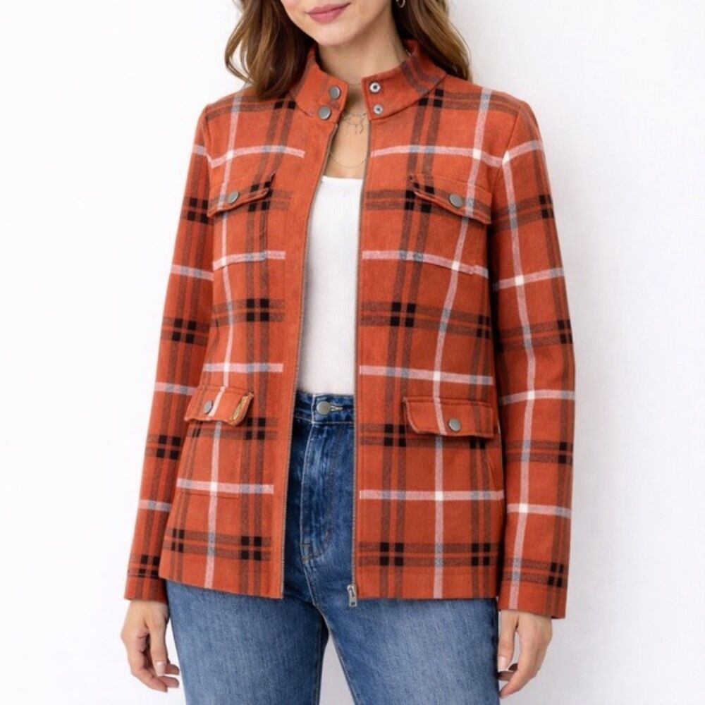Joie Plaid Shacket Soft Knit Full Zip Sweater Jacket Rust Black White Size Large